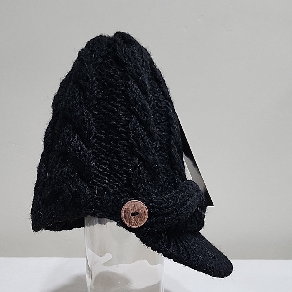 Beanie with Brim and Button Accents